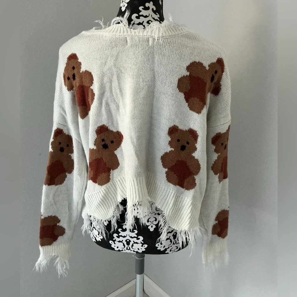 Just Polly NY Teddy Bear Sweater Women's Medium V-Neck Fray Frilly Knit